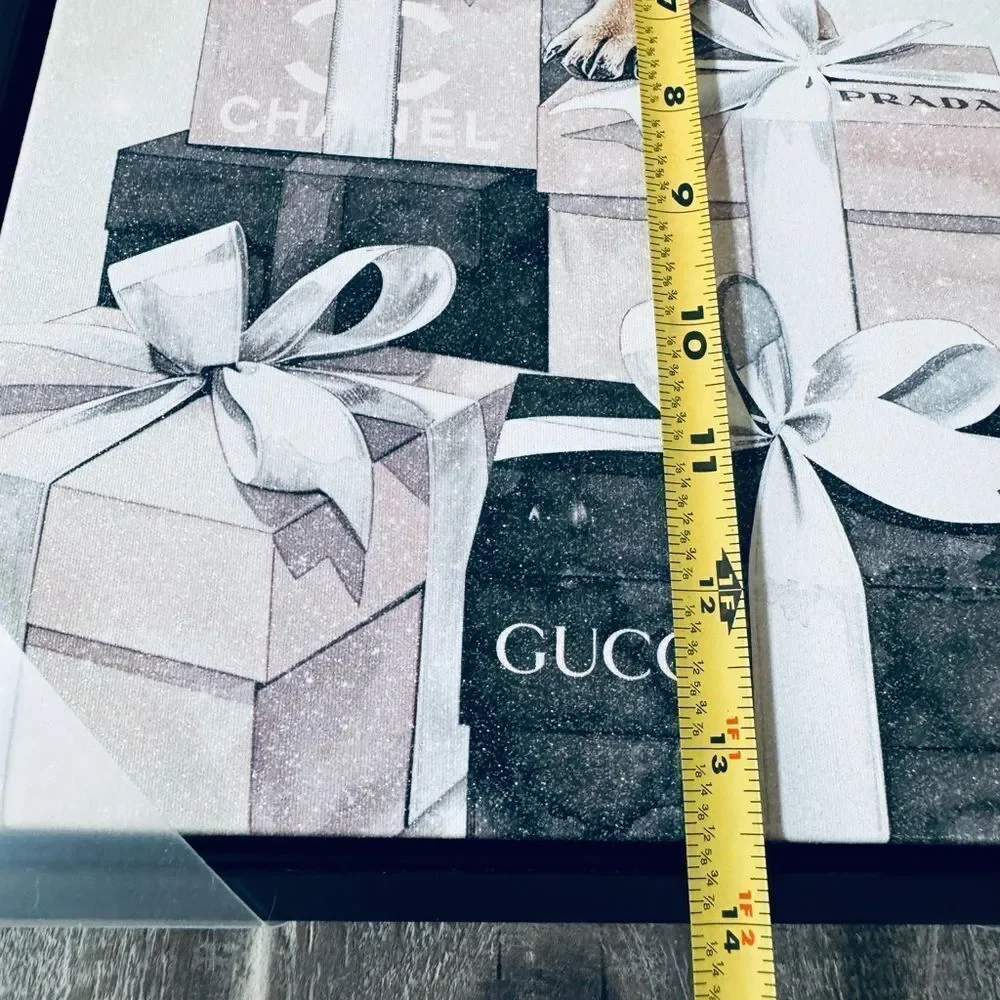 Luxury Designer Frenchie Dog Glitter Canvas Framed Wall Art Gucci Prada Chanel